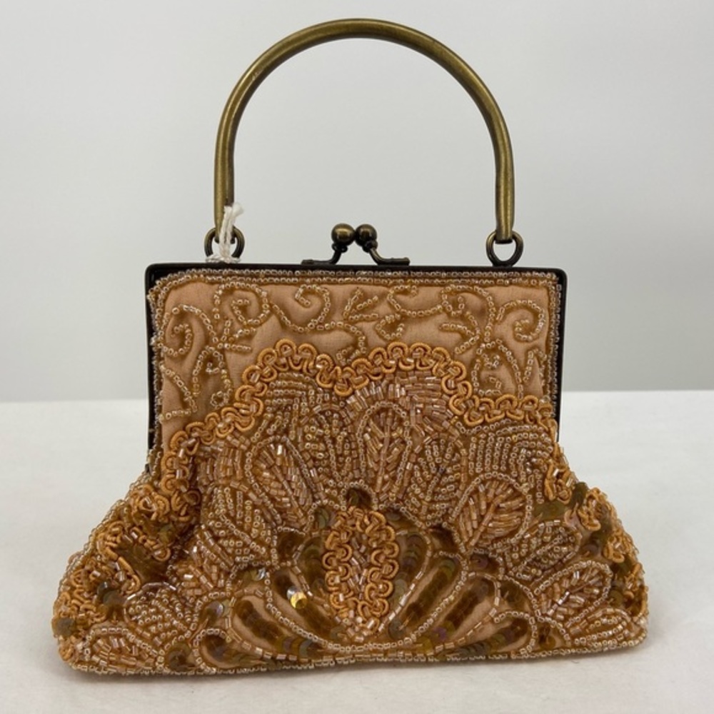 Vintage Tan Beaded Clutch with Handle